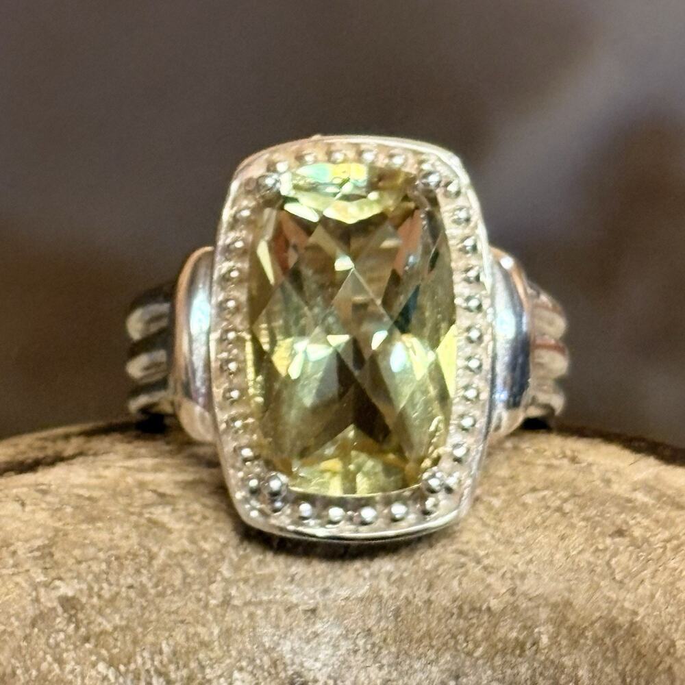 Lemon Quartz & Sterling Silver Ring Size 8 Statement Faceted Large Stone